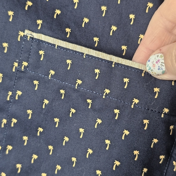 Craft Flow Mens XL Short Sleeve Button Shirt Navy Beige Palm Tree Resort Wear - Picture 10 of 15